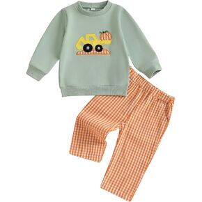 Toddler Baby Boy Halloween Outfit Pumpkin Excavator/Tractor Embroidery Long Sleeve Sweatshirt and Plaid Pants Set