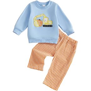 Toddler Baby Boy Halloween Outfit Pumpkin Excavator/Tractor Embroidery Long Sleeve Sweatshirt and Plaid Pants Set in Saudi Arabia