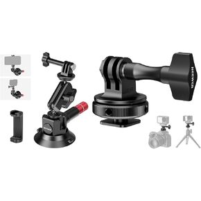 NEEWER 3" Suction Cup Camera Mount Bracket with Ball Head Magic Arm, 1/4" ARRI Holes, Quick Release Car Mount with Phone Holder & Action Cam Adapter, Action Camera Cold Shoe Mount Adapter Included
