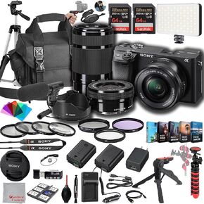Sony a6400 Mirrorless Camera with 16-50mm + 55-210mm Lenses, 128GB Extreem Memory,.43 Wide Angle & 2X Lenses, Case. Tripod, Filters, Hood, Spare Battery & Charger, Editing Software Kit -Deluxe Bundle