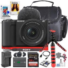 Sony ZV-E10 II Mirrorless Camera (Black) with 16-50mm Lens + 64 GB Memory + Extra Charger + Spider Tripod + Micro-HDMI Cable + More (12pc Bundle)