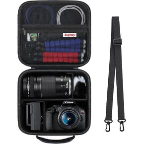 Hard Travel Case for Canon EOS Rebel T7 DSLR Camera/EOS R50 / R6 Mark II/ R100 / R50V / R8 / R7 / R10 Mirrorless Camera, Lens, Tripod with 3 Pieces of Dividers and Shoulder Strap, Black