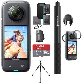 insta360 x3 72mp مقاومة للماء 5.7k 360 ° VR AI Action Camera Creator مع Selfie Stick Extra Battery External MIC Adapter Sticky Lens ، Rubber Lens Cap Mini Mini Mount 32GB SD (8 stems)