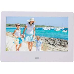 إطار صور رقمي بحجم 8 بوصات مع عرض LED 1080 بكسل HD ، ودعم USB/SD ، و OFF/OFF ، و OFF ، و CLOCK.