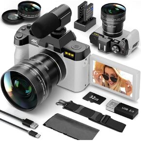 48MP Digital Cameras for Photography - 16X Zoom Travel Camera with 180° Flip Screen, 4K Vlogging Cameras Fotograficas for YouTube, Auto Focus, Macro Lens, 2 Batteries & 32GB SD Card（White）