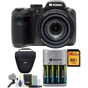Kodak PIXPRO AZ405 16MP Astro Zoom Digital Camera with 40x Zoom and 3-Inch LCD Display in Black Bundle with Camera Case and Accessory Bundle, Travel Charger with Batteries, 32GB Memory Card (4 Items)