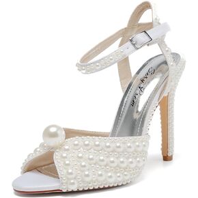 Women's Sparkly Pearl Open Toe Ankle Strap Stiletto 4.3IN Heel Sandals Nightclub Party Wedding Shoes