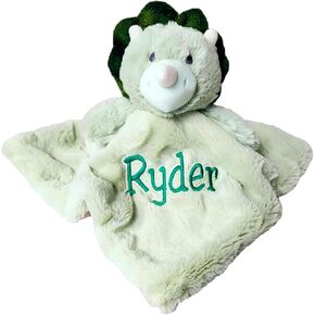 SONA G DESIGNS Custom Personalized Dinosaur Lovey Lovie Security Blanket with Rattle (Green Dino with Embroidered Name)