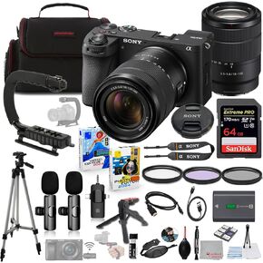 Sony a6700 Mirrorless Camera with 18-135mm Lens Bundle + Wireless Microphone System + Accessory Package Including 64GB Extreme Memory, U-Grip, Case, Tripod, Software and More (30 Items)