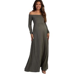 Pinkblush Petite Olive صلبة قبالة فستان الأمومة Maxi