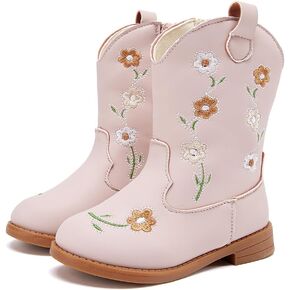 BMCiTYBM Toddler Girls Cowgirl Boots Little Kids Mid Calf Western Flower Cowboy Pointed Toe Riding Shoes All Season