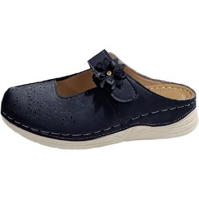 Leather Mary Jane Clogs for Women Slip On Casual Comfortable Mules Shoes with Arch Support Closed Toe Sandals Wedge Low Heel Sandal Round Head Soft Mules Cutout Slip-On Loafers Slides Backless