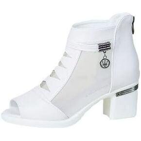 Women's Chunky Heeled Sandals, Pointed Toe Contrast Mesh Breathable High Heels, Women's Zip Back Boots