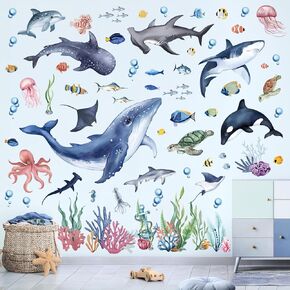 wondever Under The Sea Large Fish Wall Stickers Whale Shark Ocean Seaweed Peel and Stick Wall Art Decals for Kids Bedroom Baby Nursery Bathroom