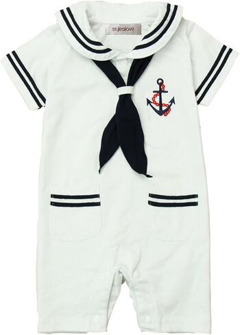 Stylesilove Baby Boys Marine Sailor Short Sleeve Cotton Romper Onesie with Necktie 2PCS Holiday Outfit in Kuwait