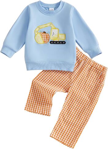 Toddler Baby Boy Halloween Outfit Pumpkin Excavator/Tractor Embroidery Long Sleeve Sweatshirt and Plaid Pants Set in Saudi Arabia