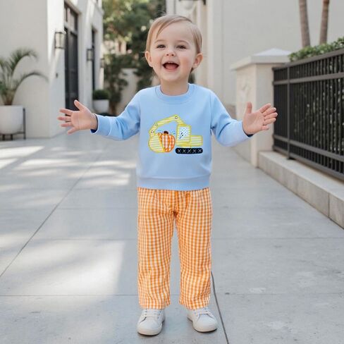 Toddler Baby Boy Halloween Outfit Pumpkin Excavator/Tractor Embroidery Long Sleeve Sweatshirt and Plaid Pants Set in Saudi Arabia