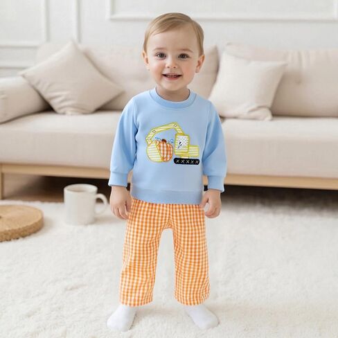 Toddler Baby Boy Halloween Outfit Pumpkin Excavator/Tractor Embroidery Long Sleeve Sweatshirt and Plaid Pants Set in Saudi Arabia