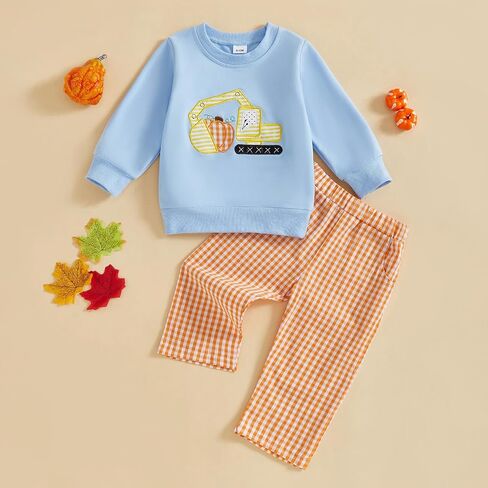 Toddler Baby Boy Halloween Outfit Pumpkin Excavator/Tractor Embroidery Long Sleeve Sweatshirt and Plaid Pants Set in Saudi Arabia
