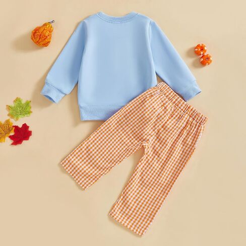 Toddler Baby Boy Halloween Outfit Pumpkin Excavator/Tractor Embroidery Long Sleeve Sweatshirt and Plaid Pants Set in Saudi Arabia