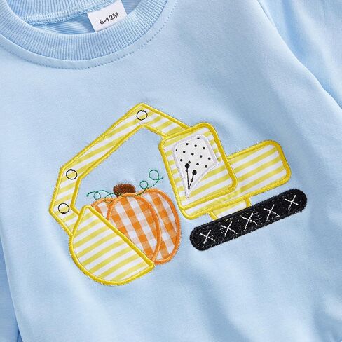 Toddler Baby Boy Halloween Outfit Pumpkin Excavator/Tractor Embroidery Long Sleeve Sweatshirt and Plaid Pants Set in Saudi Arabia