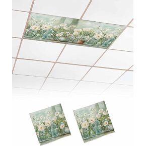 1 Pack Fluorescent Light Cover for Ceiling Lights, Green Spring Floral Magnetic Classroom Light Filters 4x2 Feet, Watercolor Summer Flowers Tulip Decorative Ceiling Shade Panel for Office
