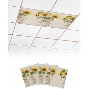 4 Pack Fluorescent Light Cover for Ceiling Lights, Sunflower Magnetic Classroom Light Filters 4x2 Feet, Farm Plant Vintage Floral Watercolor Beige Decorative Ceiling Shade Panel for Office
