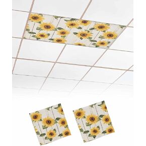 2 Pack Fluorescent Light Cover for Ceiling Lights, Sunflower Magnetic Classroom Light Filters 4x2 Feet, Green Botanical Yellow Spring Summer Floral Decorative Ceiling Shade Panel for Office