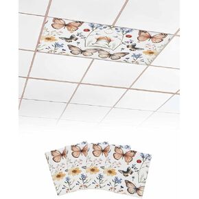 2 Pack Fluorescent Light Cover for Ceiling Lights, Vintage Butterfly Floral Magnetic Classroom Light Filters 4x2 Feet, Spring Botanical Watercolors Decorative Ceiling Shade Panel for Office