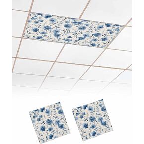2 Pack Fluorescent Light Cover for Ceiling Lights, Blue Flower Magnetic Classroom Light Filters 4x2 Feet, Watercolor Floral Botanicals Tree Branch Decorative Ceiling Shade Panel for Office