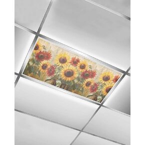 1 Pack Fluorescent Light Cover for Ceiling Lights, Summer Sunflowers Magnetic Classroom Light Filters 4x2 Feet, Rustic Oil Painting Red Yellow Floral Ceiling Shade Panel for Office