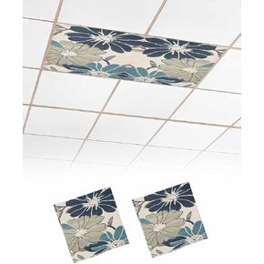 2 Pack Fluorescent Light Cover for Ceiling Lights, Sage Green Blue Floral Magnetic Classroom Light Filters 4x2 Feet, Vintage Beige Botanical Decorative Ceiling Shade Panel for Office