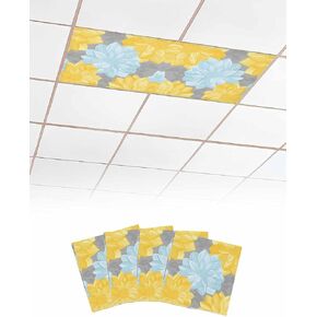 1 Pack Fluorescent Light Cover for Ceiling Lights, Yellow Teal Floral Spring Magnetic Classroom Light Filters 4x2 Feet, Pastoral Summer Botanical Decorative Ceiling Shade Panel for Office