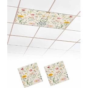 2 Pack Fluorescent Light Cover for Ceiling Lights, Beige Farmhouse Floral Magnetic Classroom Light Filters 4x2 Feet, Spring Summer Botanical Decorative Ceiling Shade Panel for Office
