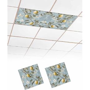 4 Pack Fluorescent Light Cover for Ceiling Lights, Summer Lemon Magnetic Classroom Light Filters 4x2 Feet, Botanicals Floral Leaf Watercolor Blue Decorative Ceiling Shade Panel for Office