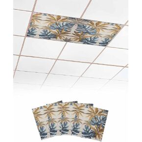 2 Pack Fluorescent Light Cover for Ceiling Lights, Navy Blue Brown Magnetic Classroom Light Filters 4x2 Feet, Vintage Elegant Botanical Palm Leaves Decorative Ceiling Shade Panel for Office