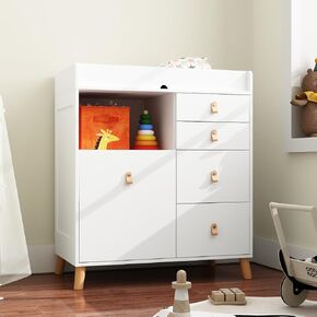 Baby Dresser with Changing Table Top, 5 Drawers Nursery Dresser with Removable Guard, Infant Diaper Changing Station Baby Cloth Organizer for Nursery and Kids Bedroom, Wood Color - 33.5" W in Saudi Arabia