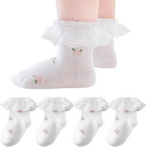 4 Pairs Baby Toddler Girls Princess Frilly Socks, Summer Ruffle Soft Cotton Thin Mesh Socks for Dress, 0~8T