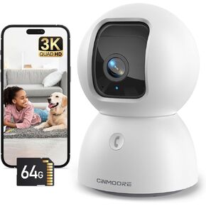3K Baby/Pet Security Camera with 64GB SD Card, No Monthly Fee, 360° Pan-Tilt, Color Night Vision, AI Cry/Motion Detection, 2-Way Talk, WiFi 6, Compatible with Alexa