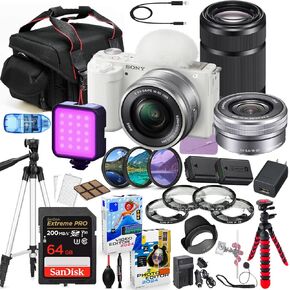 Sony ZV-E10 Mirrorless Camera (White) with 16-50mm & 55-210mm Lens Bundle + Premium Accessory Package Including 64GB Extreme Memory, Filters, Macros, LED, Photo-Video Software & More (36 Pieces)