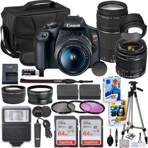 Canon EOS Rebel T7 DSLR Camera with 18-55mm & 75-300mm Lens Bundle with Extra Canon Battery + 2X 64GB Memory Cards + Accessory Kit Including Bag, Flash, Aux Lenses, Software & More