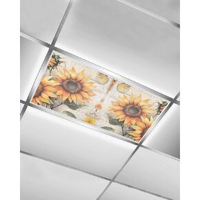 2 Pack Fluorescent Light Cover for Ceiling Lights, Sunflower Flowers Retro Magnetic Classroom Light Filters 4x2 Feet, Watercolor Botanical Floral Decorative Ceiling Shade Panel for Office