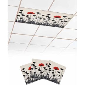 2 Pack Fluorescent Light Cover for Ceiling Lights, Red Black Floral Magnetic Classroom Light Filters 4x2 Feet, Spring Modern Oil Painting Flowers Decorative Ceiling Shade Panel for Office