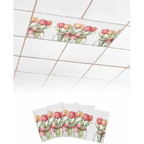 4 Pack Fluorescent Light Cover for Ceiling Lights, Spring Floral Magnetic Classroom Light Filters 4x2 Feet, Botanical Tulip Flower Bow in Vase Decorative Ceiling Shade Panel for Office