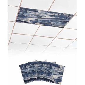 2 Pack Fluorescent Light Cover for Ceiling Lights, White Navy Blue Magnetic Classroom Light Filters 4x2 Feet, Marble Texture Abstract Art Decorative Ceiling Shade Panel for Office