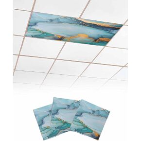 4 Pack Fluorescent Light Cover for Ceiling Lights, Turquoise Gold Modern Magnetic Classroom Light Filters 4x2 Feet, Abstract Teal Marble Geometric Decorative Ceiling Shade Panel for Office