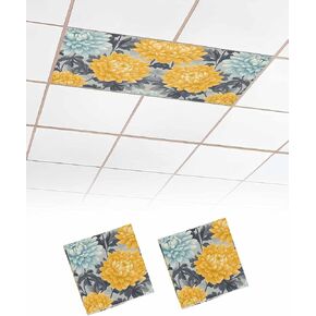 1 Pack Fluorescent Light Cover for Ceiling Lights, Yellow Teal Floral Spring Magnetic Classroom Light Filters 4x2 Feet, Summer Botanical Pastoral Decorative Ceiling Shade Panel for Office