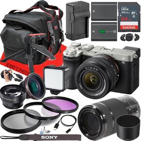 Sony Alpha 7C II Mirrorless Camera (Silver) with FE 28-60mm f/4-5.6 and E 55-210mm f/4.5-6.3 OSS Lens + 64 GB Memory + Extra Battery + LED Light + More (25pc Bundle)