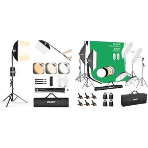 EMART Photography Softbox Lighting Kit, 16"X16" Soft Box, 3000K-6000K 85W LED Bulbs with Remote+EMART 7 x 10ft Backdrop Support System with 2700K/5400K Dimmable LED Bulbs, 43" Reflector
