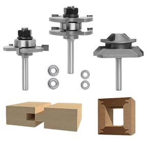 Joinery Router Bits Set 1/4" Shank : Tongue & Groove + 45° Lock Miter, 3pcs Milling Cutter Set for Cabinets, Tabletop, Flooring. Includes Matched Bearings – Fits Electric Routers & Woodworking Tools